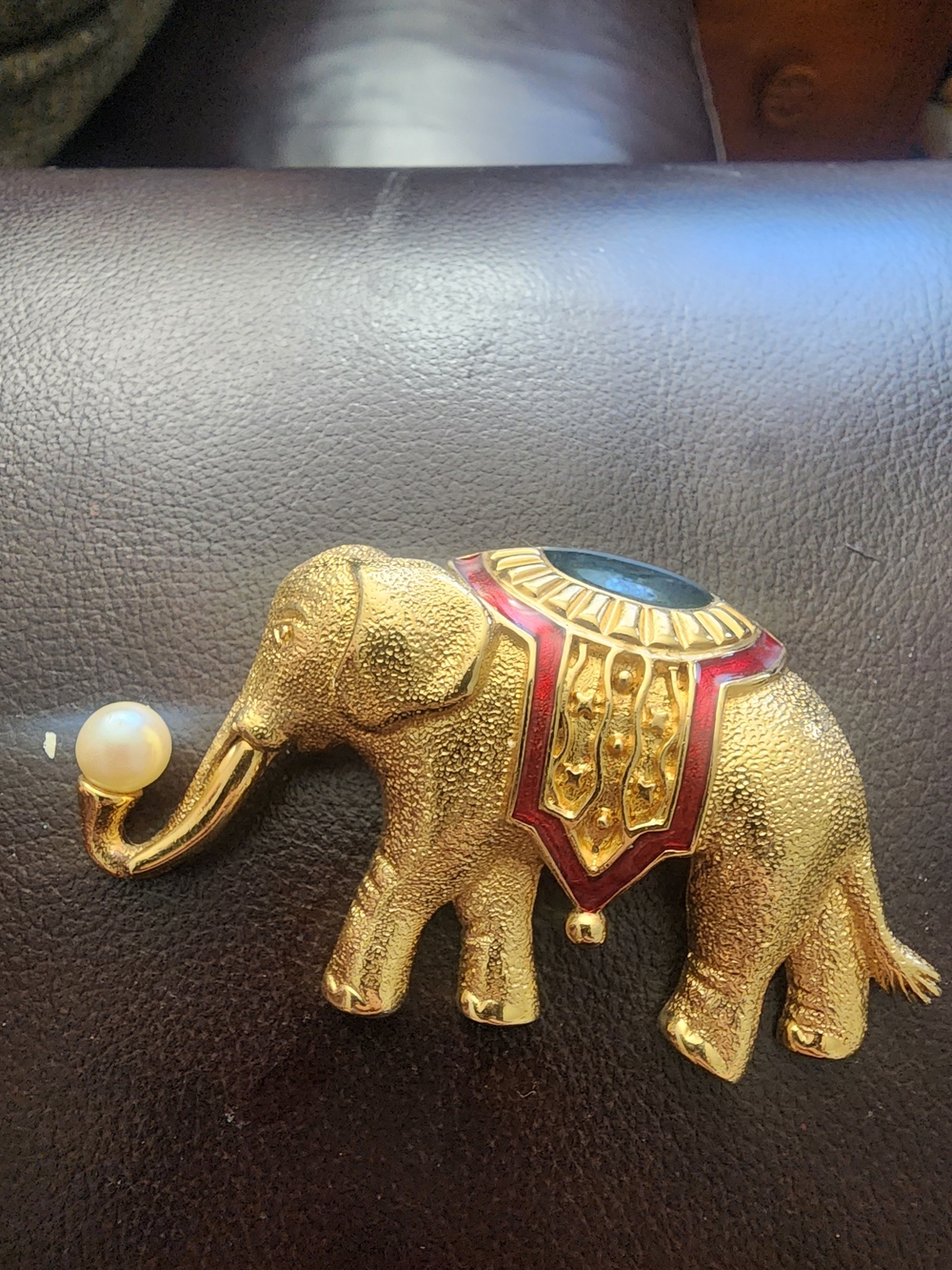 Monet Gold Elephant Brooch with Red Enamel and Pearl